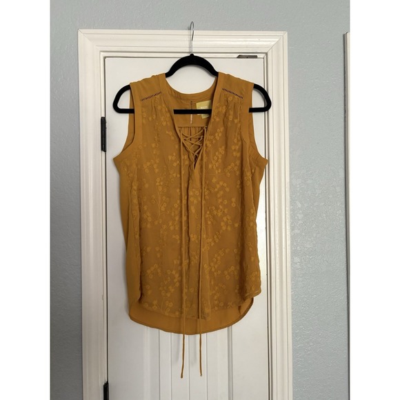 Maeve Tops - Maeve Anthropologie Size 10 Mustard Yellow Sleeveless Lace-Up Blouse Embroidered